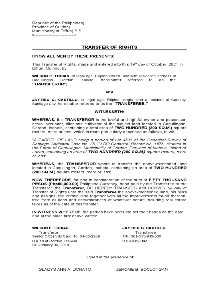 TRANSFER OF RIGHTS - WILSON P. TOBIAS Format | PDF | Natural Resources ...