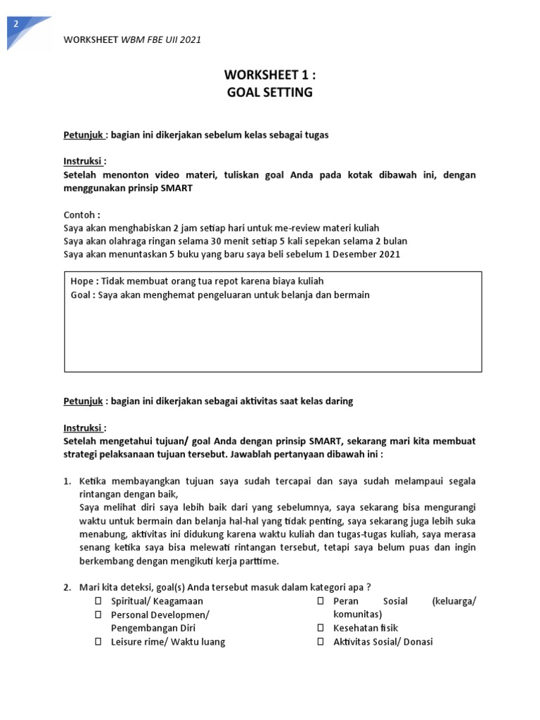 Worksheet 1 Goal Setting &amp; Self Management | PDF