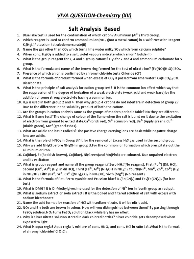 Chemistry Practical VIVA Question XII PDF Titration Chemistry