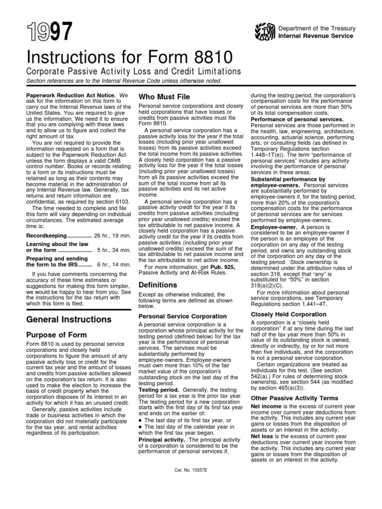 Instructions For Form 8810: Corporate Passive Activity Loss and Credit ...
