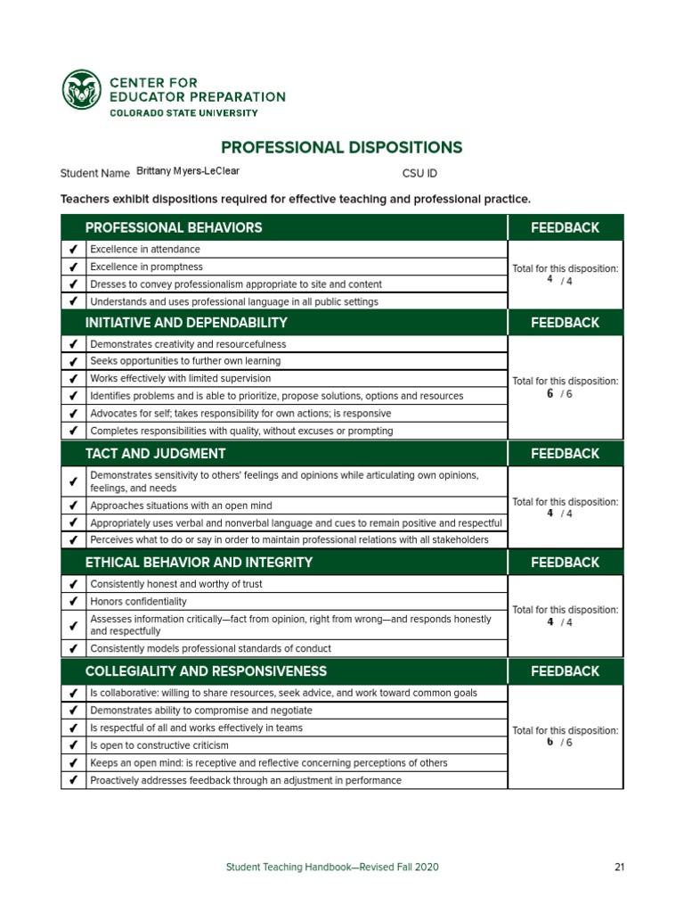 Student Teaching Professional Dispositions Guide | PDF | Teachers ...