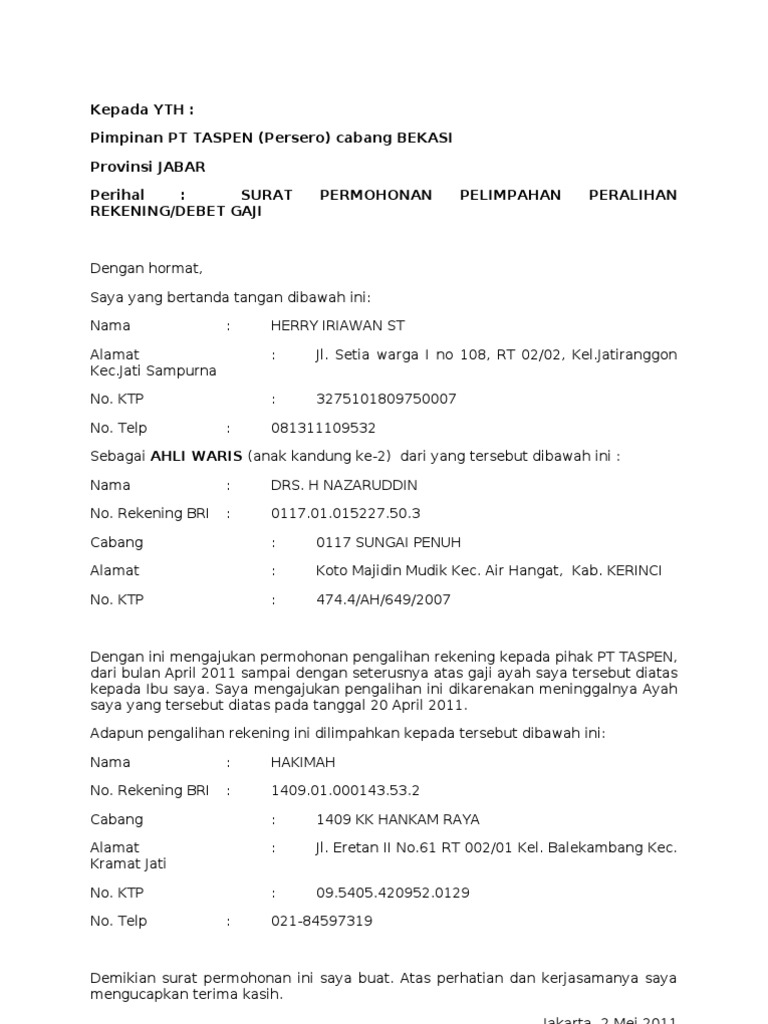 Contoh Surat Permohonan Payroll Ke Bank