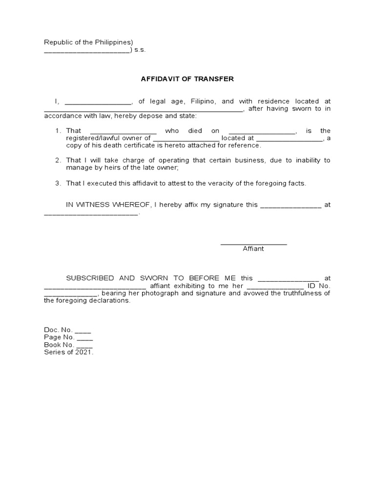 Affidavit of Transfer of Ownership PDF