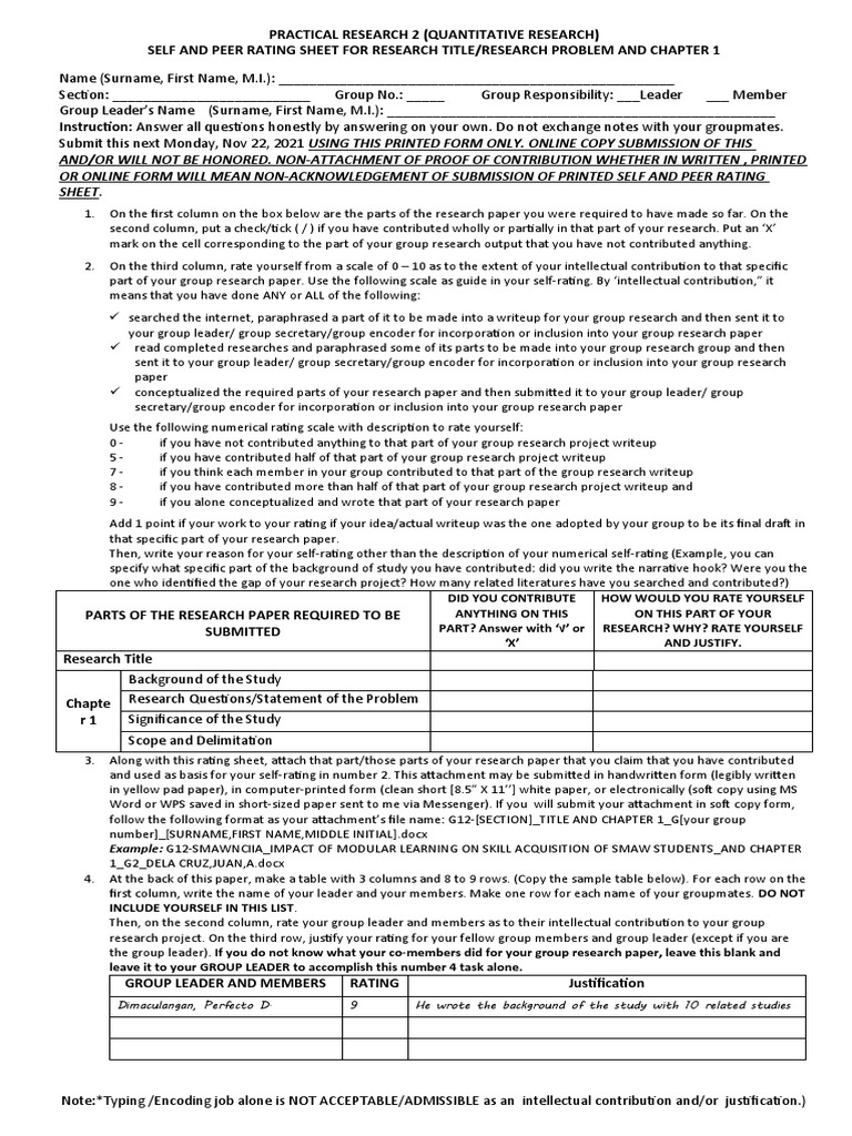 Self and Peer Rating Sheet for Research | PDF | Academic Publishing ...