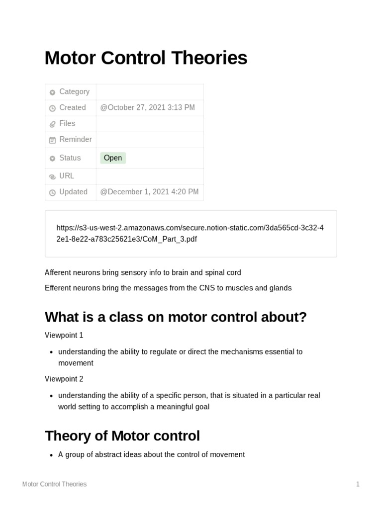 Motor Control Theories PDF Motor Neuron Motor Control