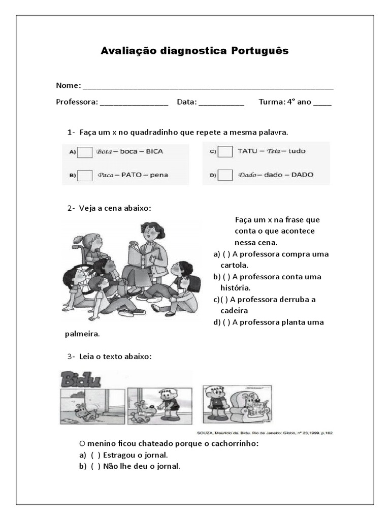 Avaliação Diagnóstica de Português 4º Ano | PDF