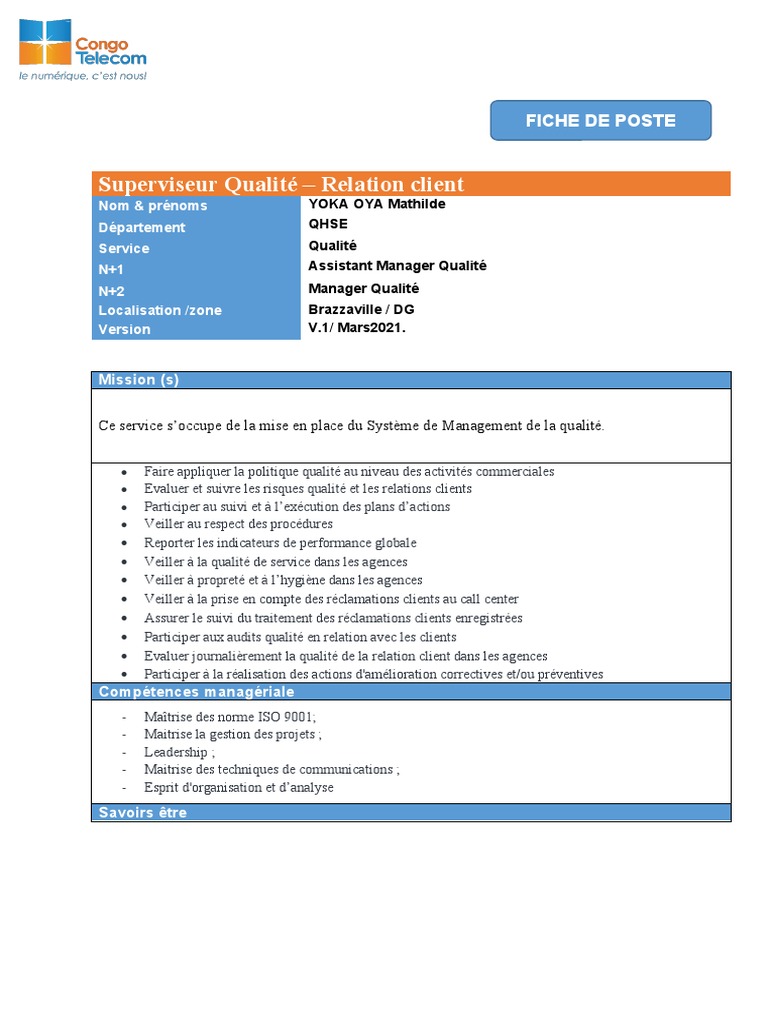 Fiche de Poste - Superviseur - Qualité & Relation Client | PDF ...