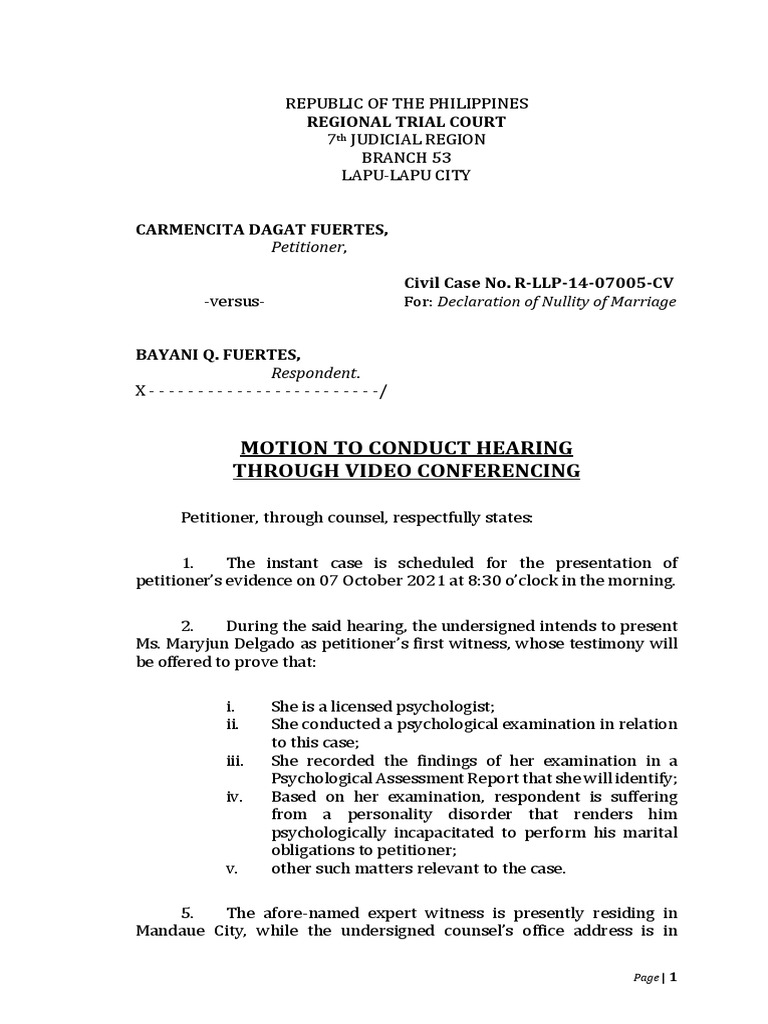 Motion To Conduct Hearing Through Video Conferencing Regional Trial