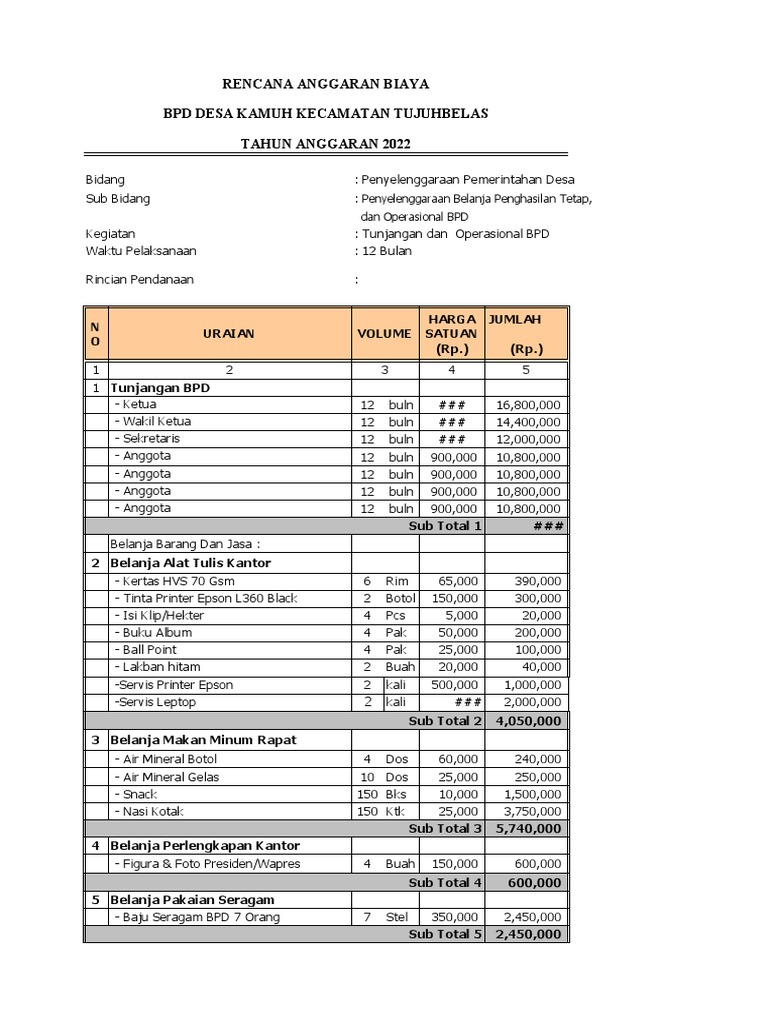 RAB Operasional BPD Desa Kamuh 2022 | PDF