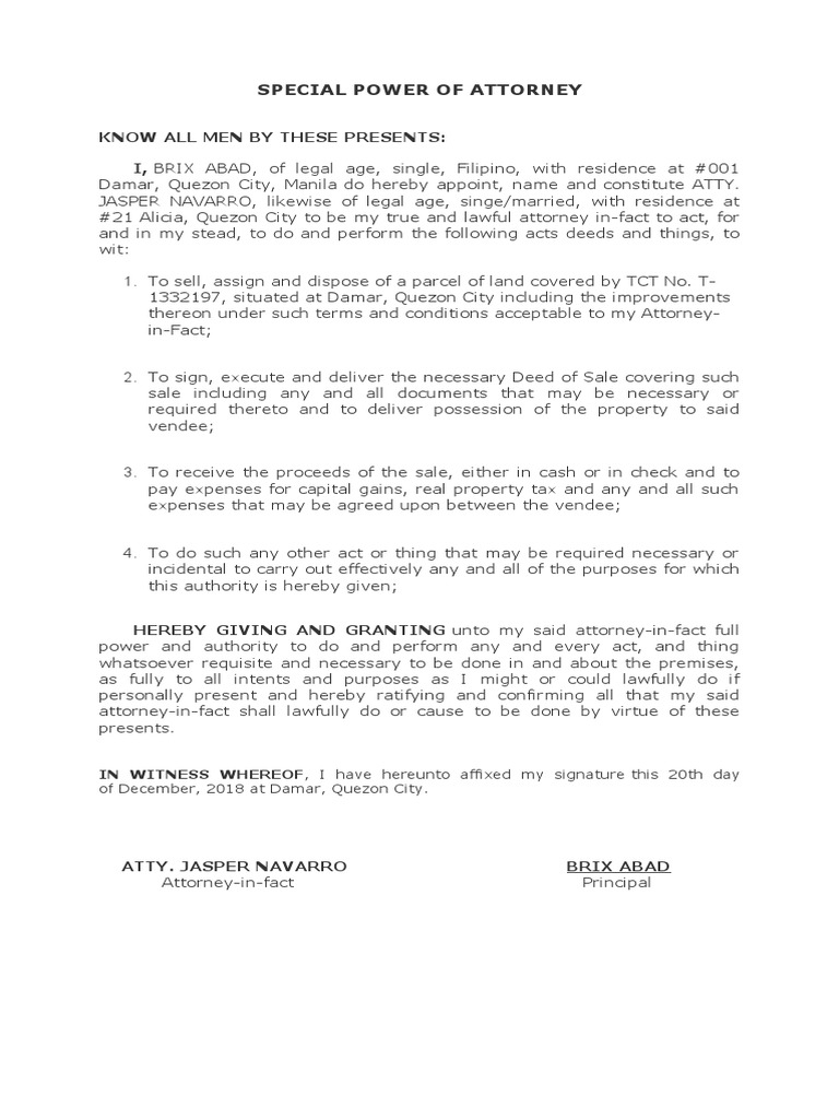 Special Power of Attorney PDF Power Of Attorney Justice