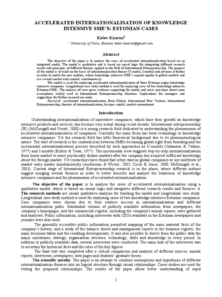 Accelerated Internationalisation of Knowledge Intensive SME''s Estonian