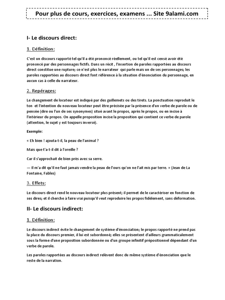 Exercice Discours Direct Indirect Indirect Libre Le Discours Direct Indirect Indirect Libre PDF | PDF | Verbe | Narration