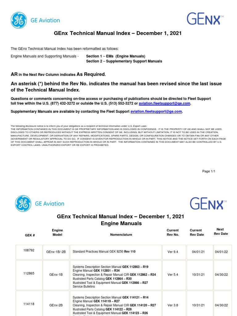GEnx Technical Manual Index 2021 | PDF