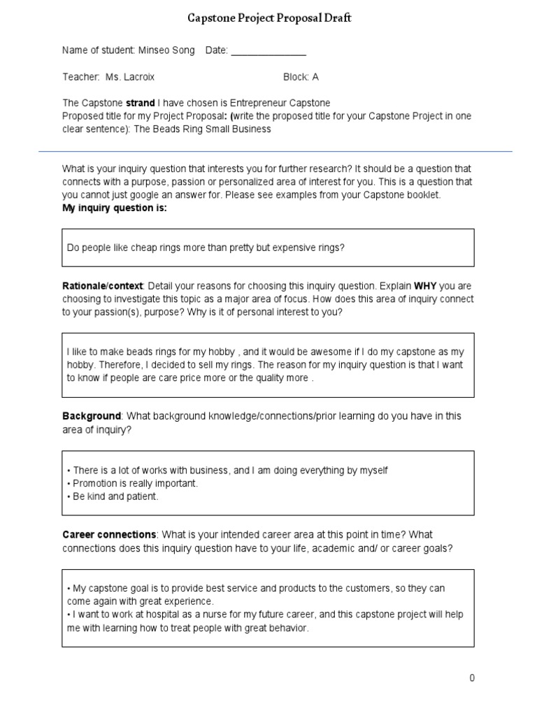 Capstone Project Proposal Draft Fillable PDF Question Inquiry
