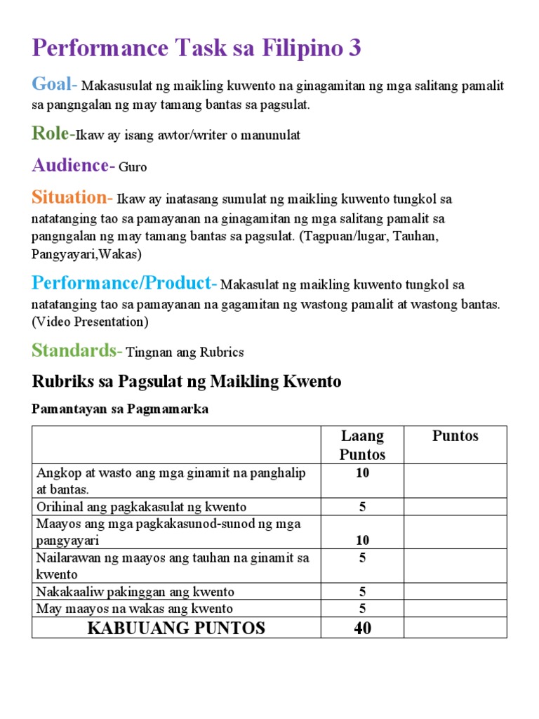 Performance task sa filipino 3 pdf