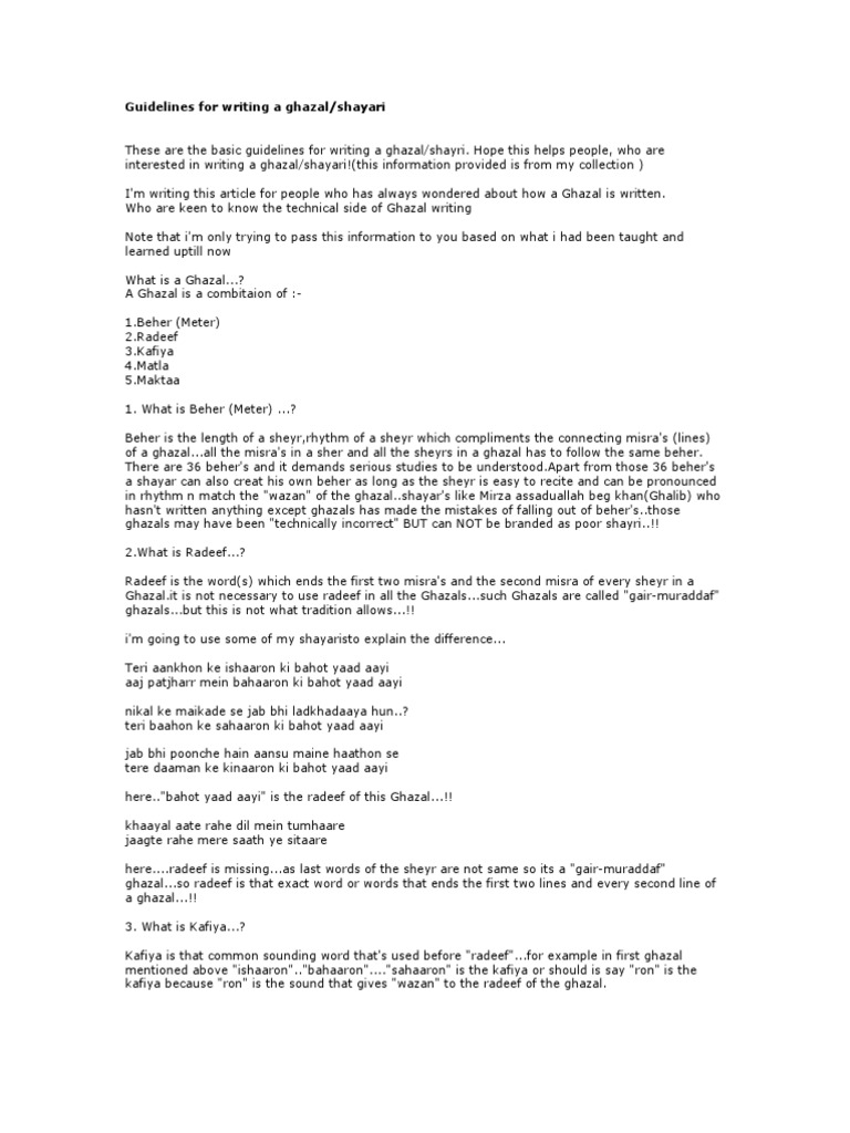 Ghazal Writing: Key Guidelines and Terms | PDF | Poetics | Urdu