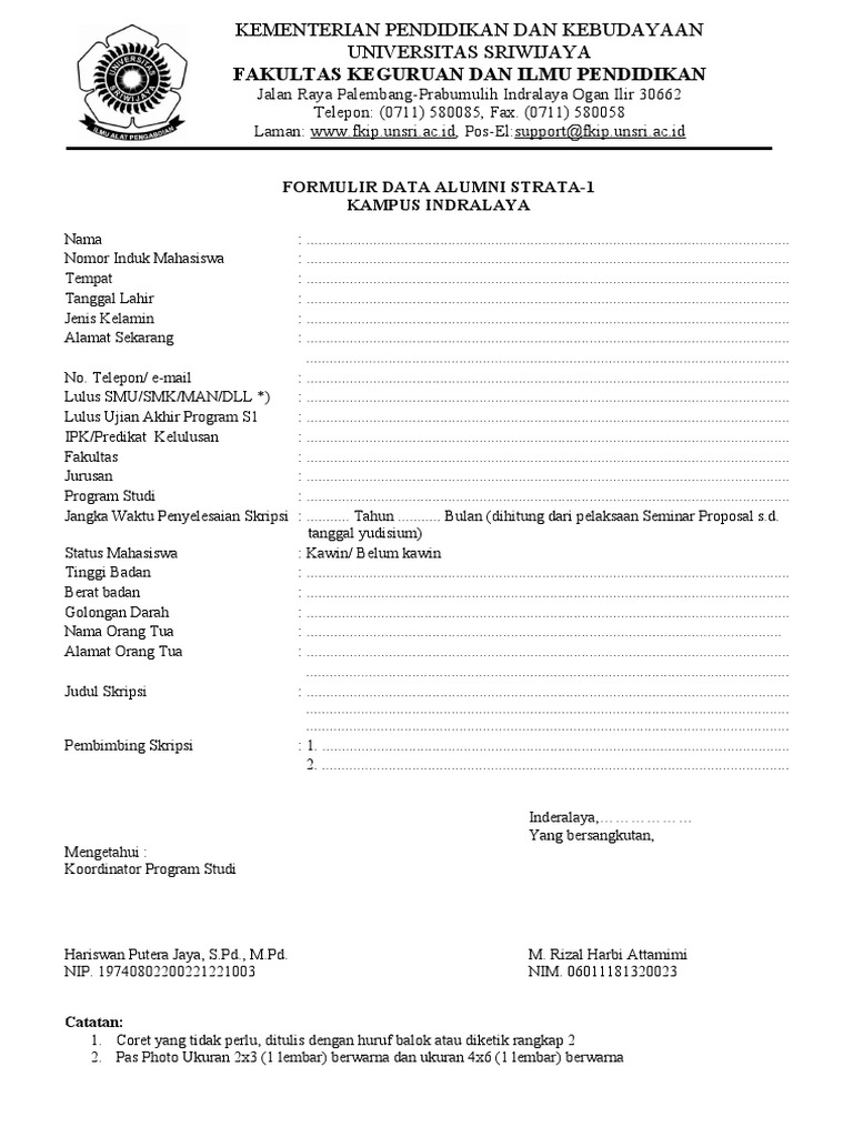 Formulir Data Alumni FKIP Unsri | PDF