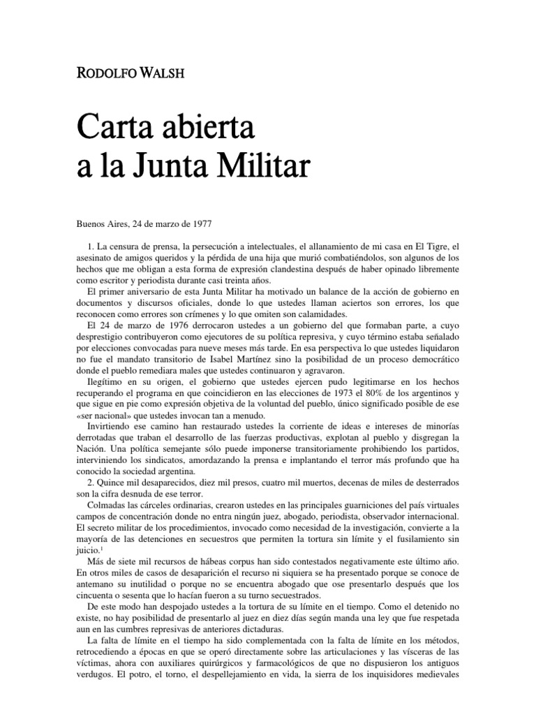 Carta Abierta a La Junta Rodolfo Walsh Agencia Central