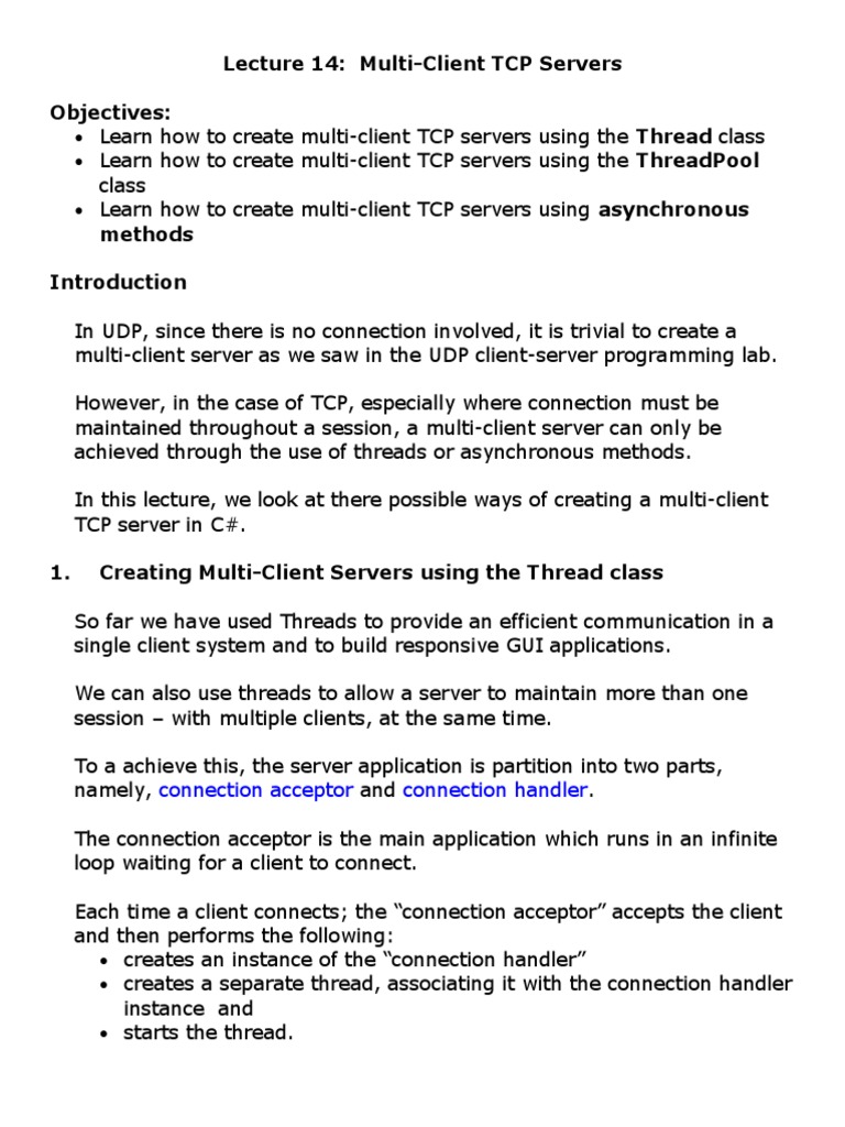Lecture 14: Multi-Client TCP Servers Objectives:: Connection Acceptor ...