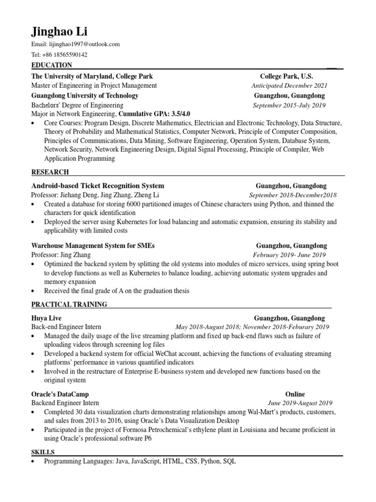 Jinghao Li-Cv | PDF | Databases | Oracle Corporation