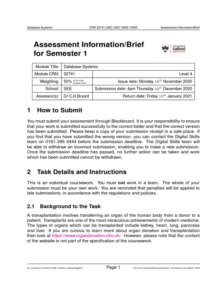 Database Systems Assessment Brief 2020 | PDF | Databases | Organ Donation
