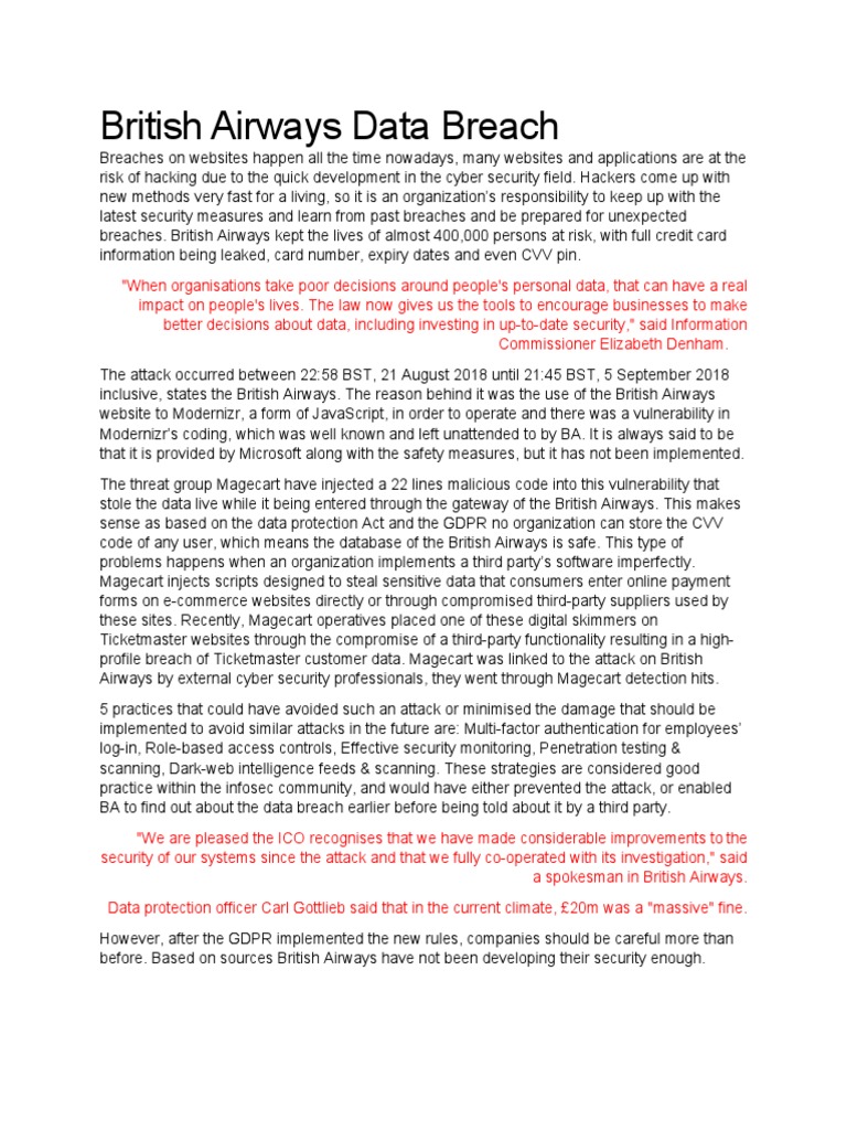 British Airways Data Breach Pdf Vulnerability Computing