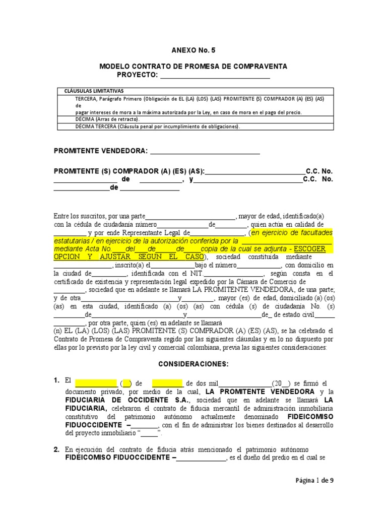 Modelo de Contrato de Promesa de Compraventa | PDF | Ley de fideicomiso ...