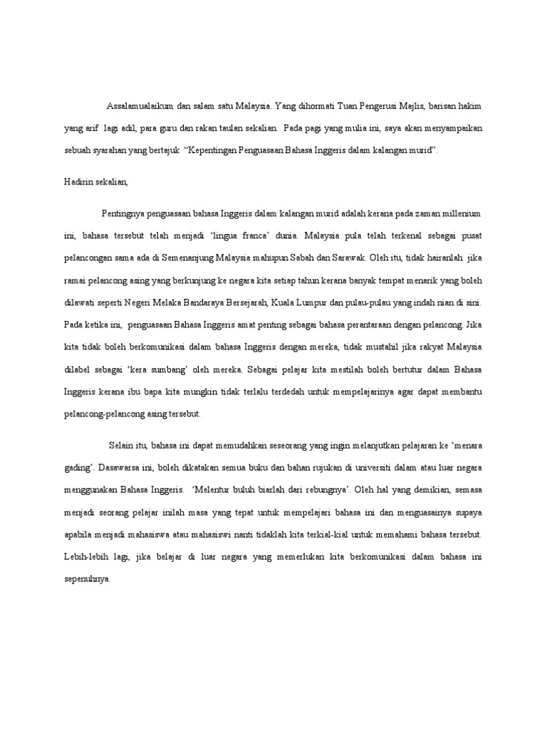 Contoh Teks Syarahan Bahasa Inggris Sekolah Menengah