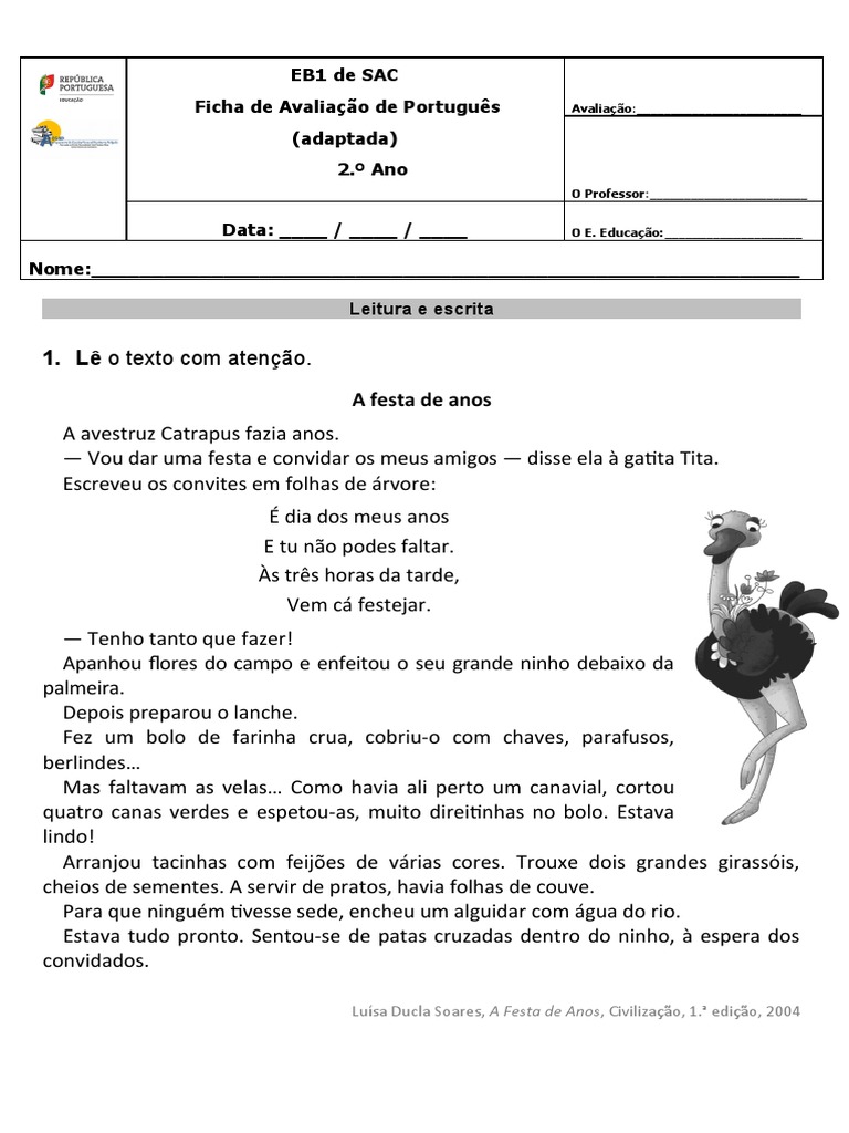 Avaliação de Português - 2.º Ano | PDF | Artes Linguísticas e Disciplina