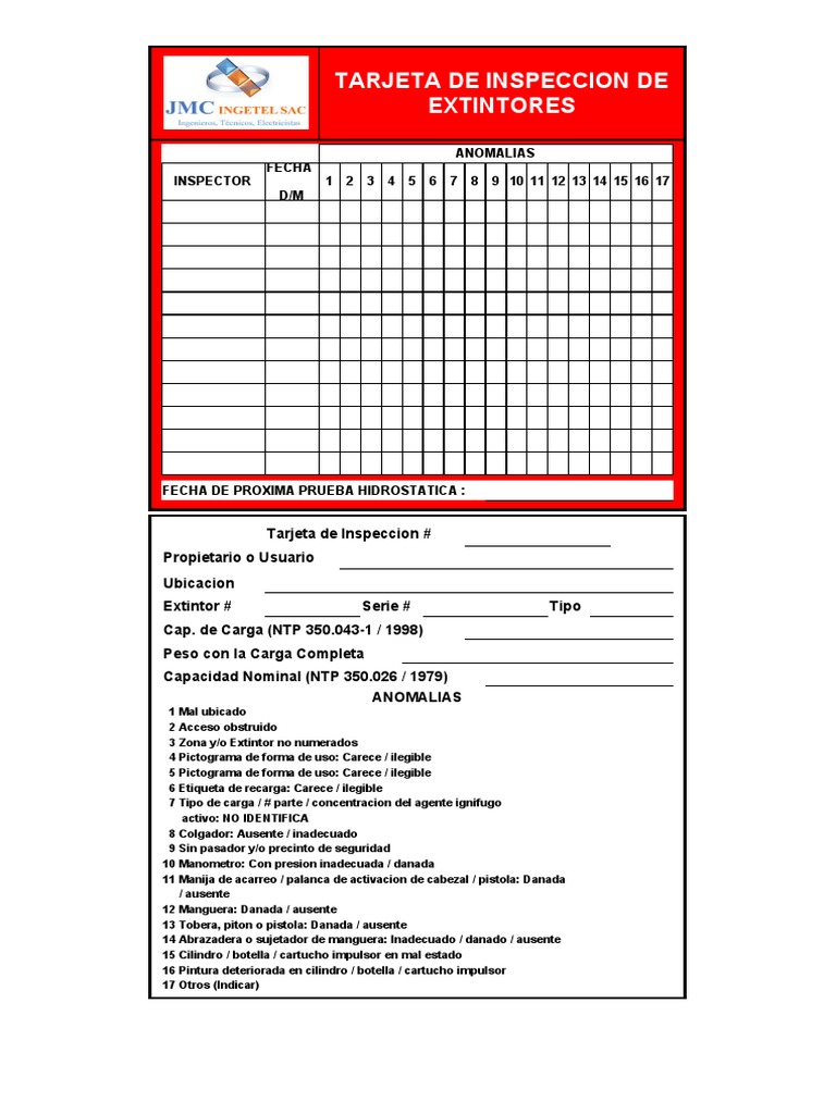 Tarjeta de Inspección de Extintores | PDF | Equipo | Supresión de incendios