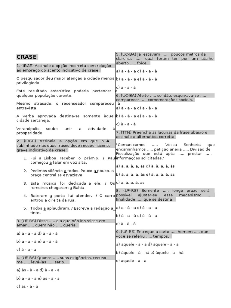Exercícios sobre o uso da crase | PDF
