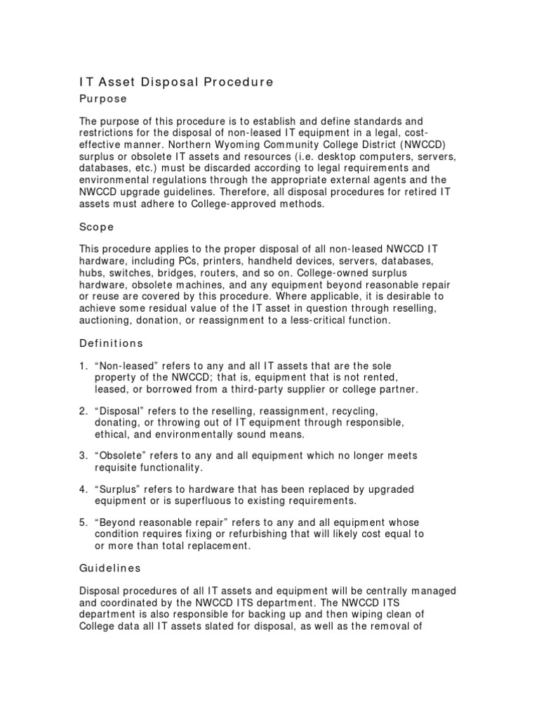 IT Asset Disposal Procedure Computer Hardware Waste Management