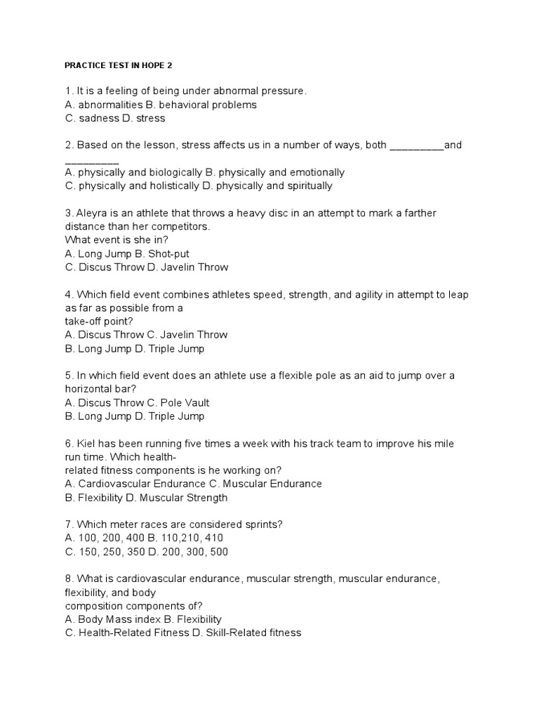 HOPE 2 Practice Test for Grade 11 | PDF | Track And Field | Physical ...