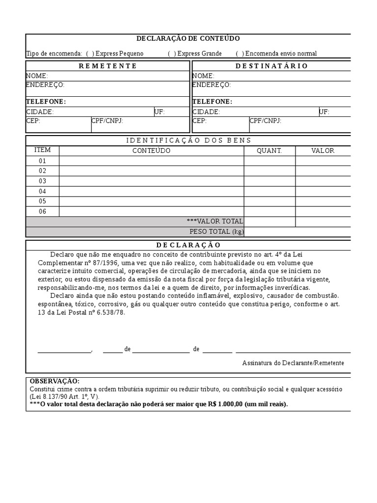 Declaração Mercadoria PDF