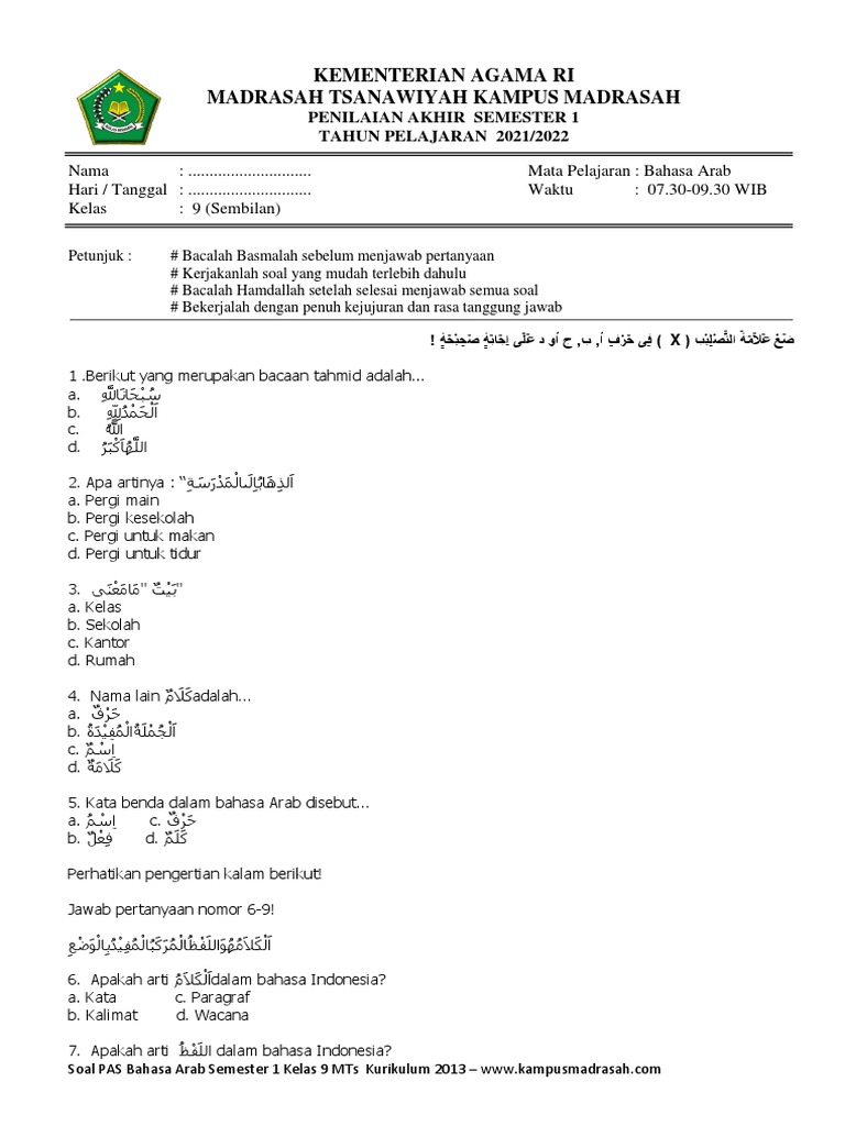 Soal UAS Bahasa Arab Kelas 9 Semester 1 | PDF