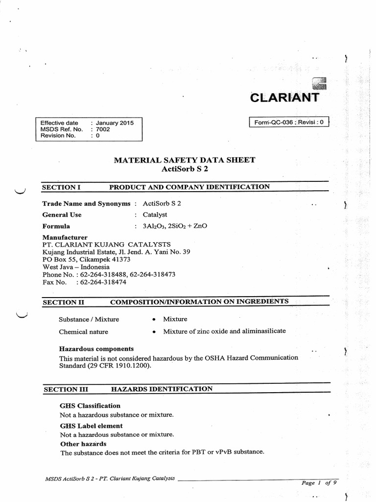 MSDS Actisorb S2 | PDF