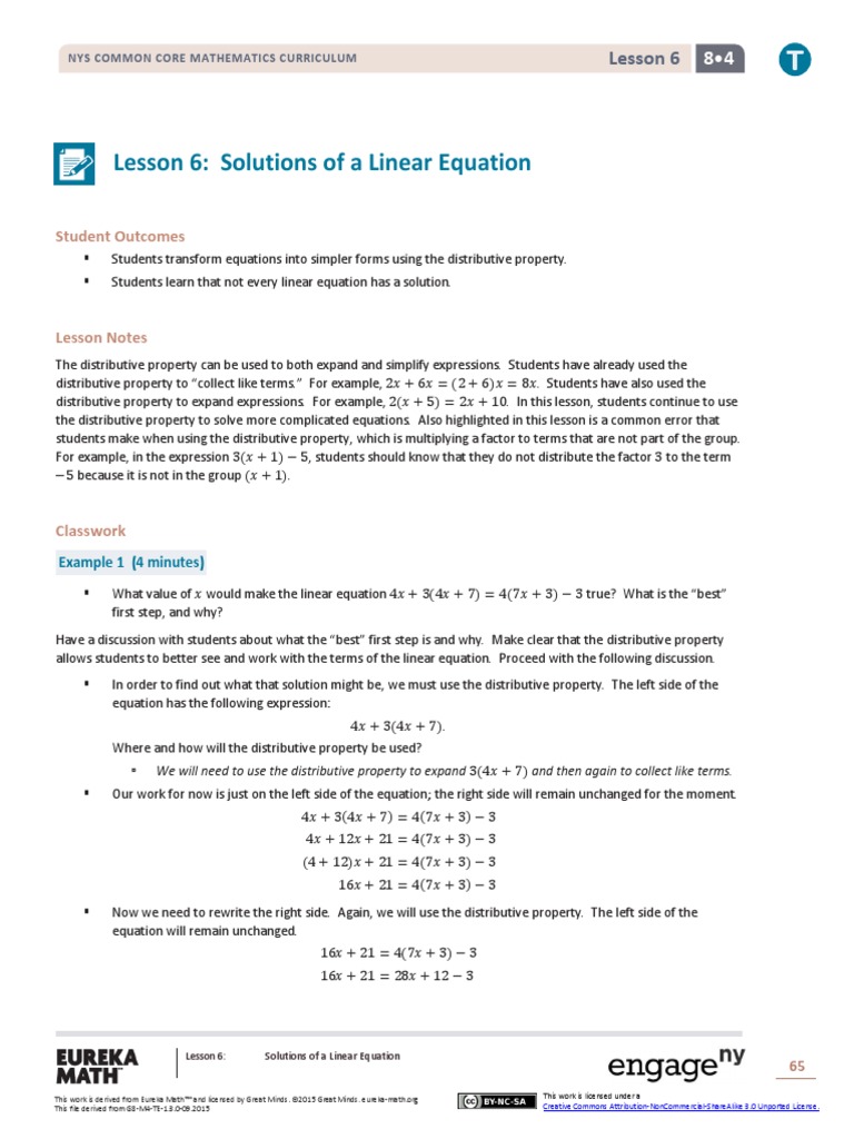 Lesson 6: Solutions of A Linear Equation: Student Outcomes | PDF ...