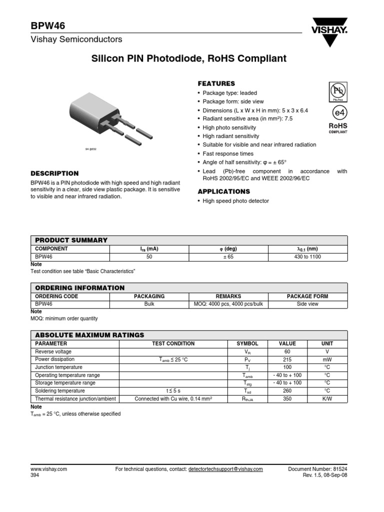 Silicon PIN Photodiode Specifications PDF Disclaimer