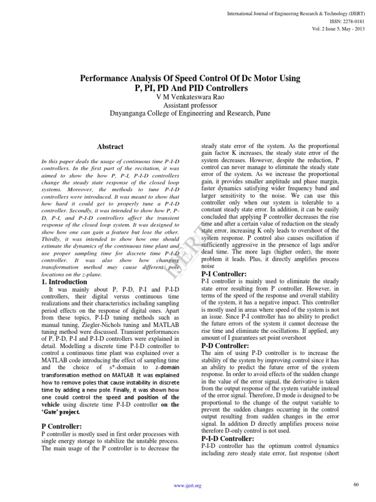 Performance Analysis of Speed Control of DC Motor Using P Pi PD and Pid ...