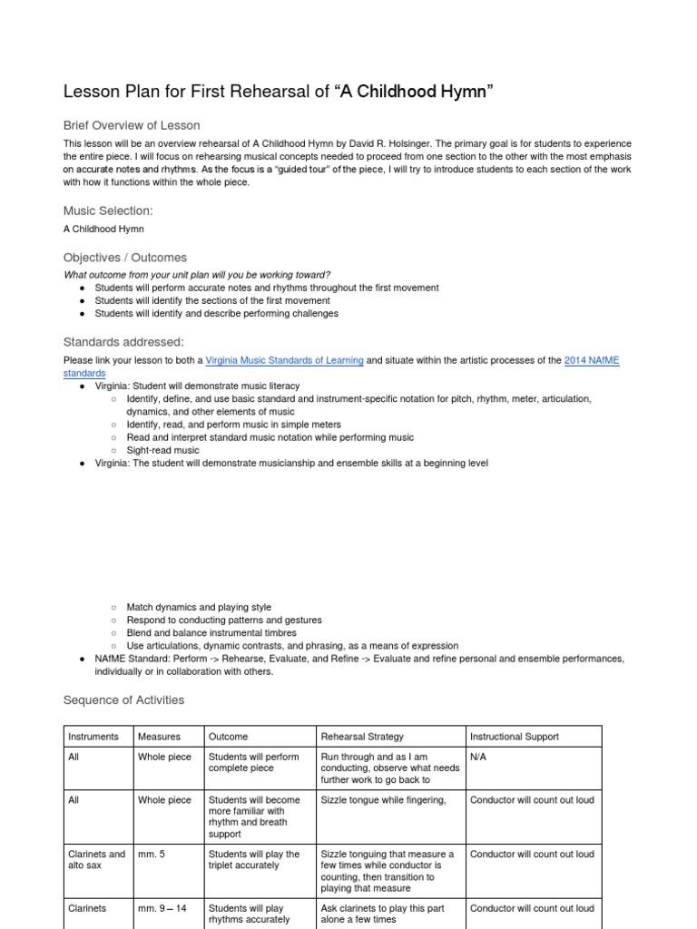 First Rehearsal Plan for "A Childhood Hymn" | PDF | Conducting ...