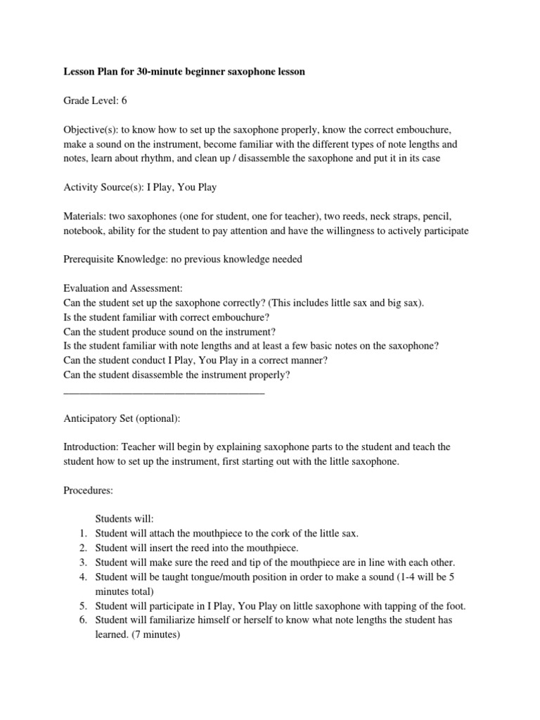 Beginner Saxophone Lesson Plan | PDF | Saxophone | Lesson Plan