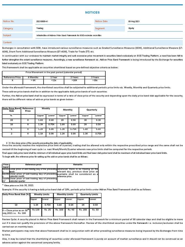 Bse Price Band Notice | PDF | Government | Business