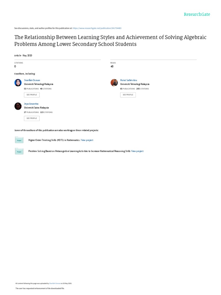 Learning Styles and Achievement in Solving Algebra Problem | PDF ...