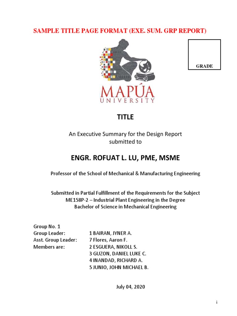 Title: Sample Title Page Format (Exe. Sum. GRP Report) | PDF ...