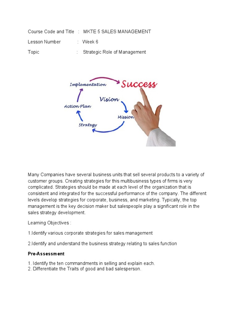 Lesson 6 Strategic Role of Management | PDF | Strategic Management | Sales