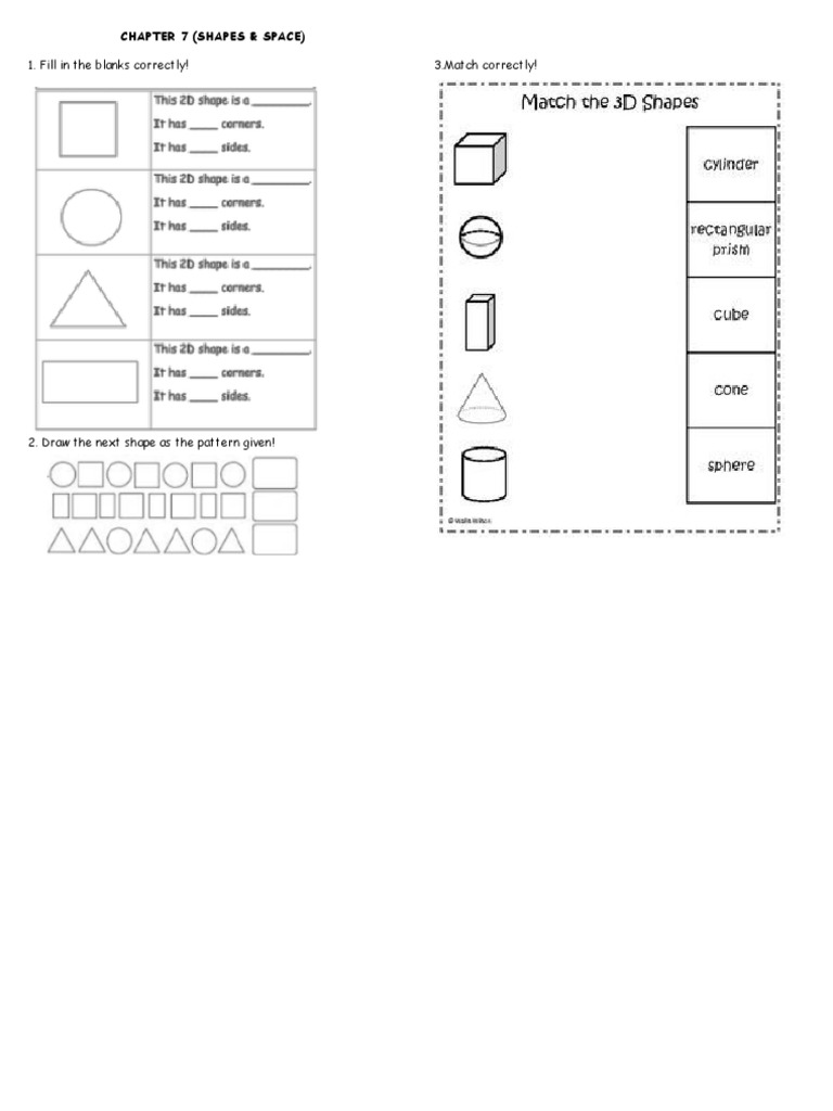 Chapter 7 (Shapes & Space) : 1. Fill in The Blanks Correctly! 3.match ...