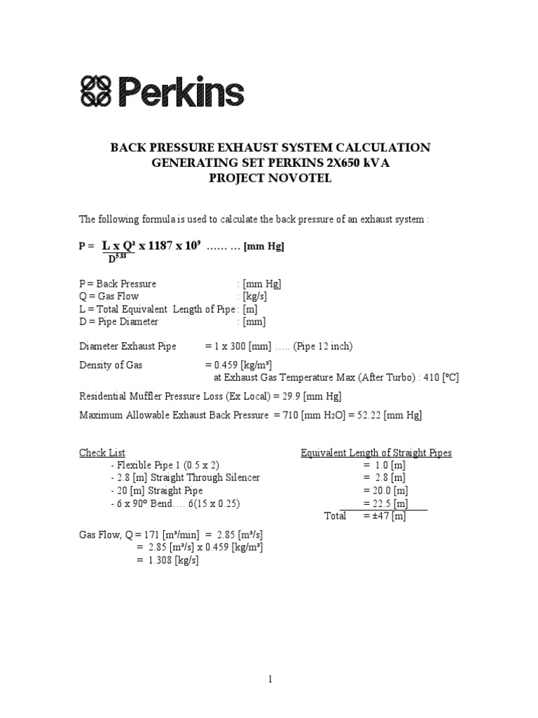 Back Pressure Exhaust System Calculation Generating Set Perkins 2X650