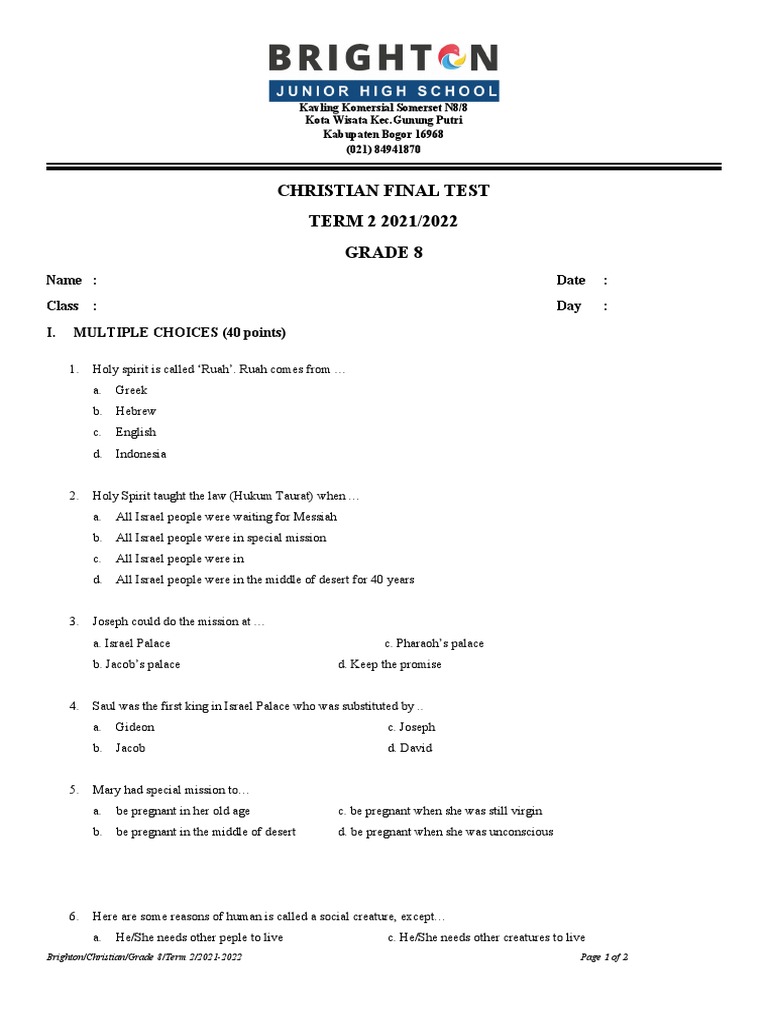Grade 8 Christianity Final Test 2021-2022 | PDF | Jesus | Holy Spirit