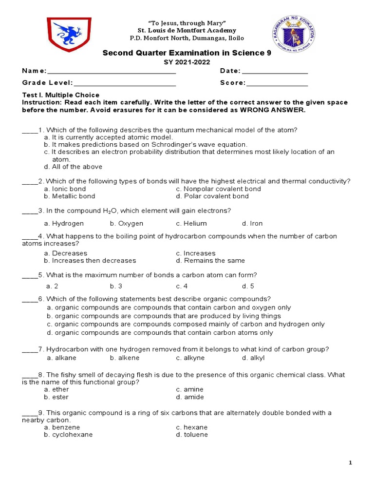 Grade 9 Science 2nd Quarter Exam | PDF | Chemical Compounds | Ion