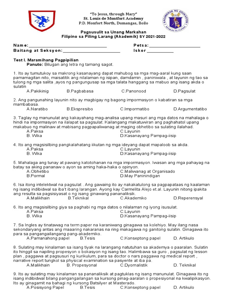 Filipino 12 First Quarter Exam Sy 2021-2022 SET B | PDF